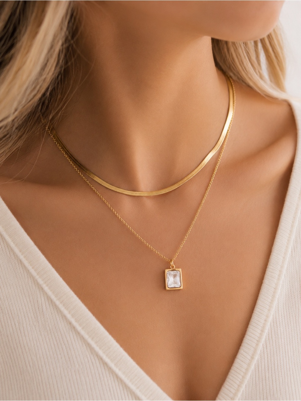 18K Gold Plated Layered CZ Pendant Necklace Waterproof Stainless Steel